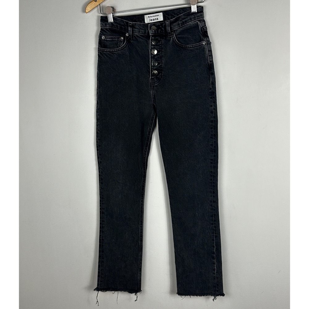 Reformation Black Jeans Button Fly Womens Sz 26 Denim Yuma Wash Raw Hem Straight